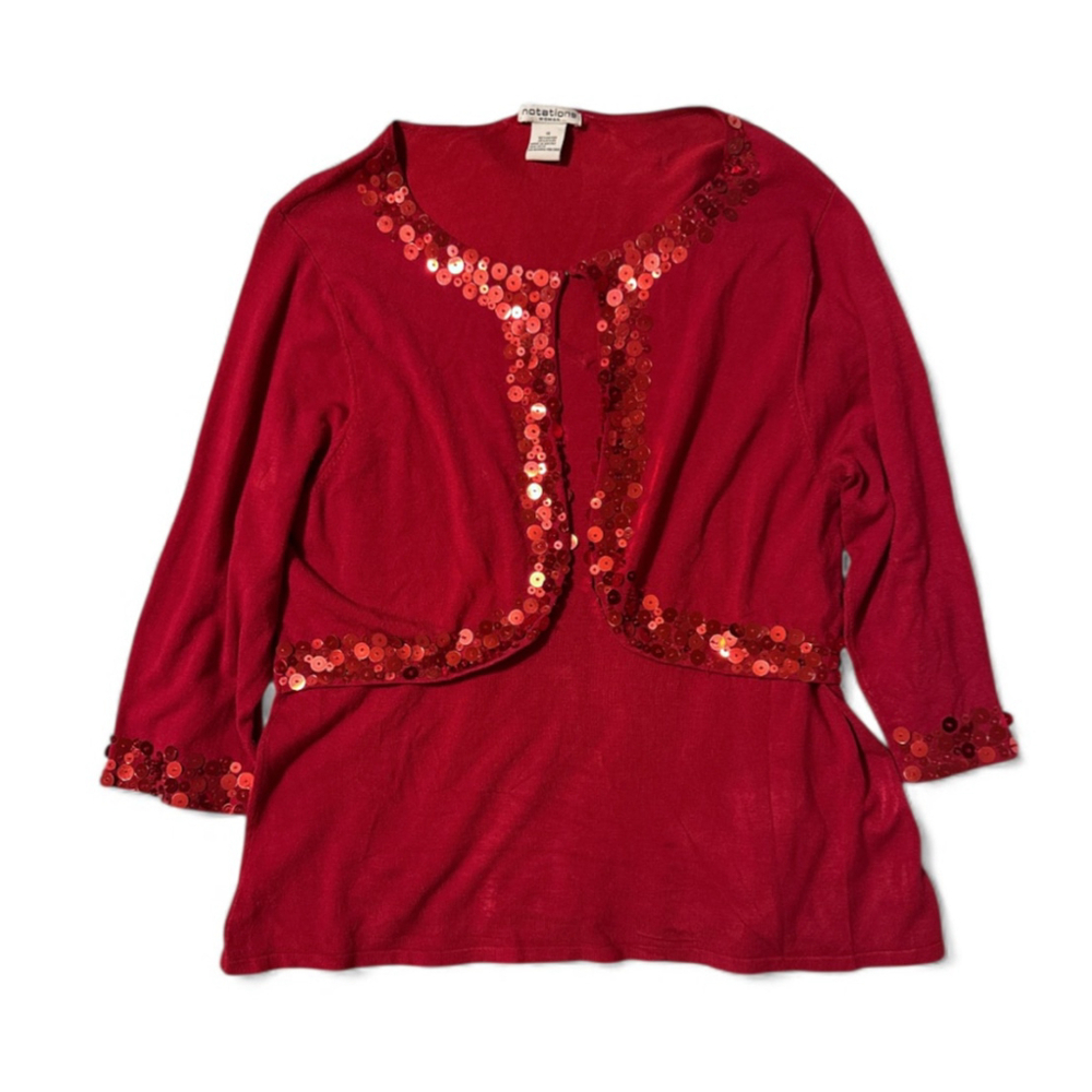 Vintage Notations Red Sequin Cardigan Blazer Holiday Party Cocktail 1X Plust